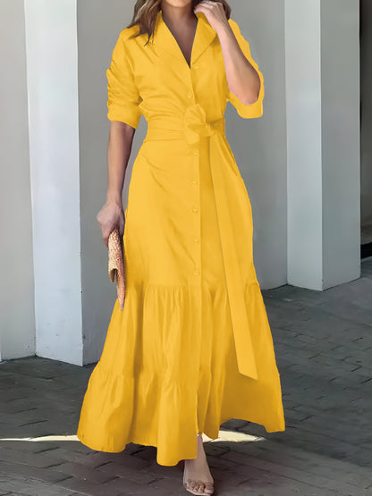 vmtvr - Solid Button Front Belted Dress, Elegant Ruched Sleeve Ruffle Trim Maxi Dress, Women's Clothing