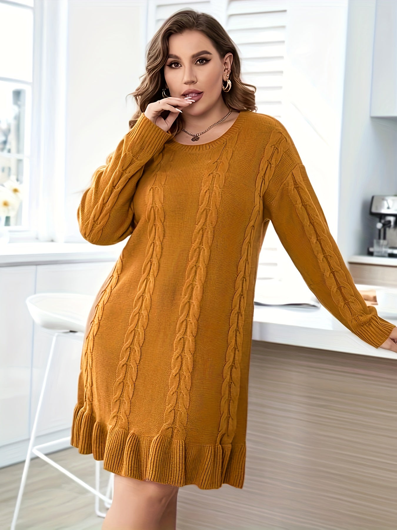 Plus Size Casual Sweater Dress, Women's Plus Solid Cable Knit Round Neck Long Sleeve Ruffle Trim Slight Stretch Sweater Dress