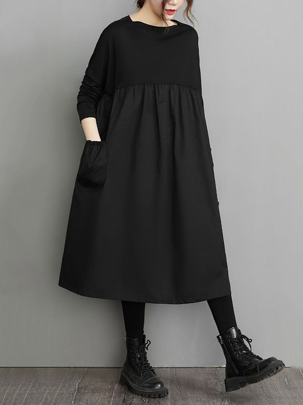 Simple Loose Black Split-Joint Long Sleeves Midi Dress