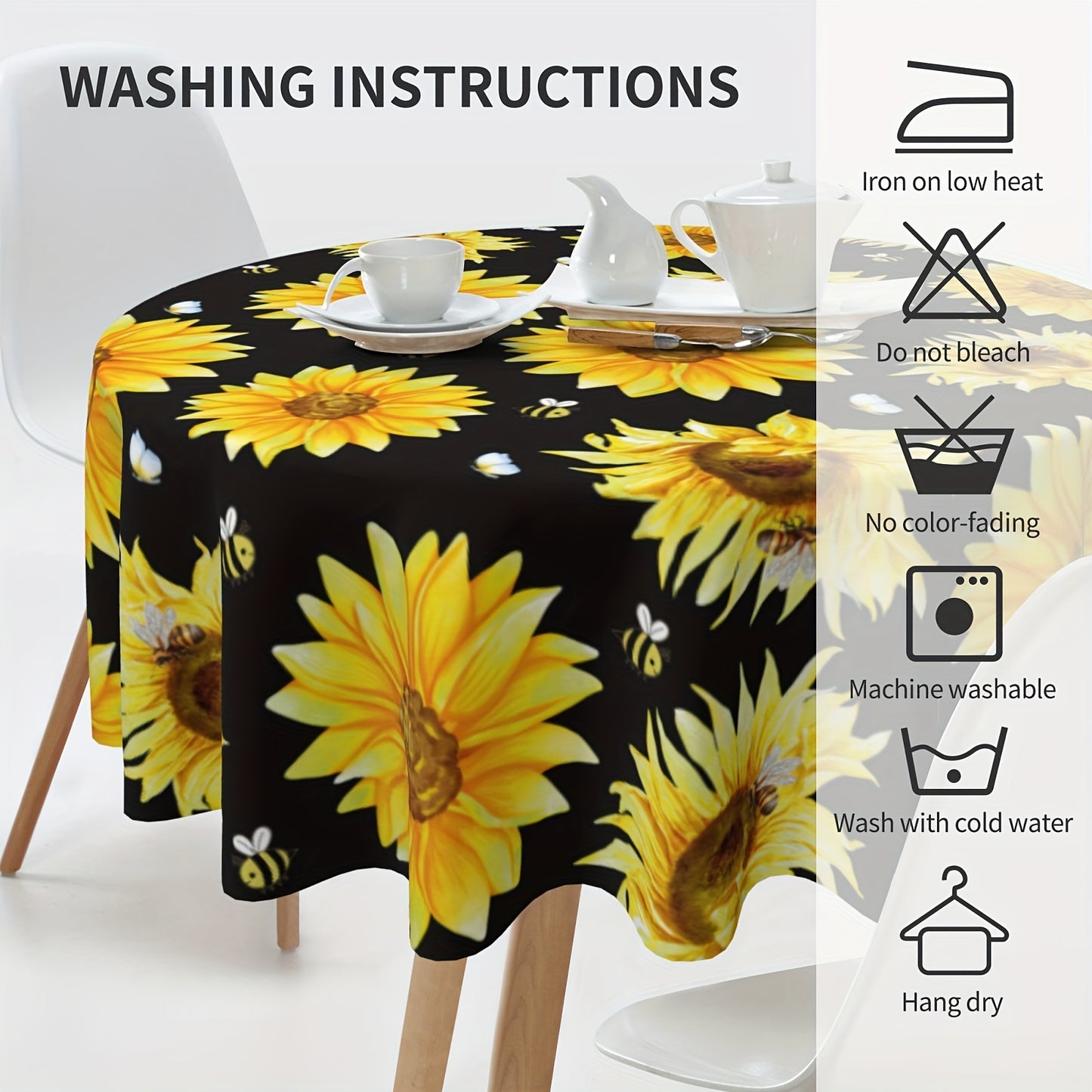 1pc Vibrant Summer Sunflower Tablecloth - Durable Polyester, Stain and Wrinkle Free, Perfect for Party, Home, Kitchen, Dining, and Picnic Decorations - Vibrant Yellow and Black, Sunflower and Bumble Bee Design, Easy-to-Clean, Long-Lasting, and Essential H