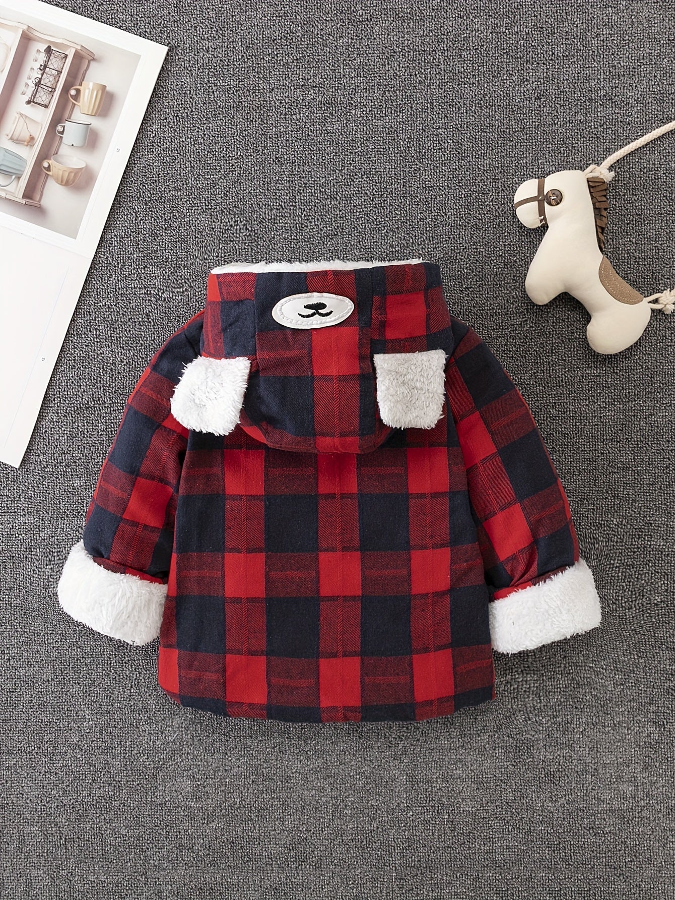 Boy's Cute Thermal Padded Jacket, Casual Warm Button Up Fleece Hooded Jacket For Outdoor Winter