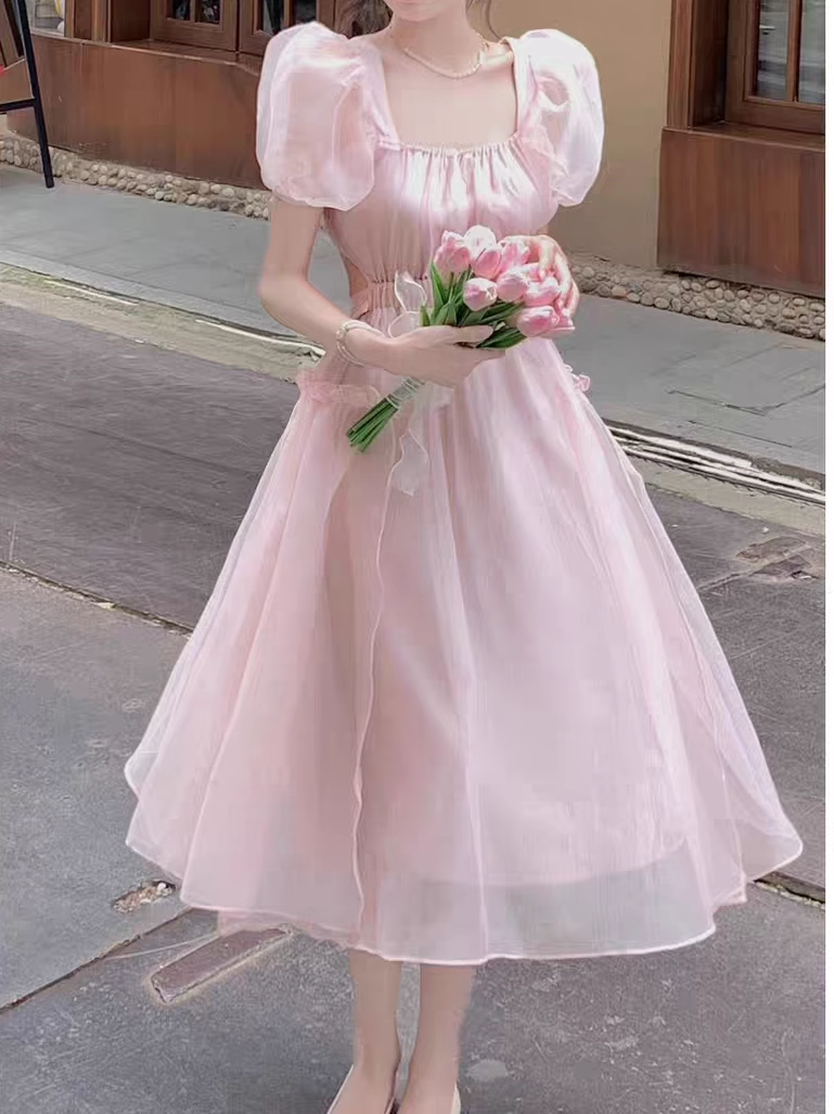 - Pink backless dress for women summer puff sleeve long dress GEU1503