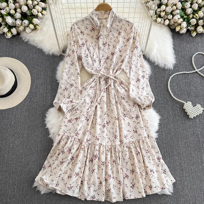 vmtvr- Lantern long-sleeved stand-collar mid-length a-line ruffle floral dress GEU585