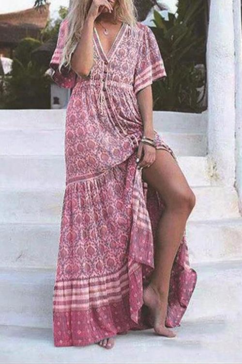 Print V Neck Short Sleeve Maxi Dress