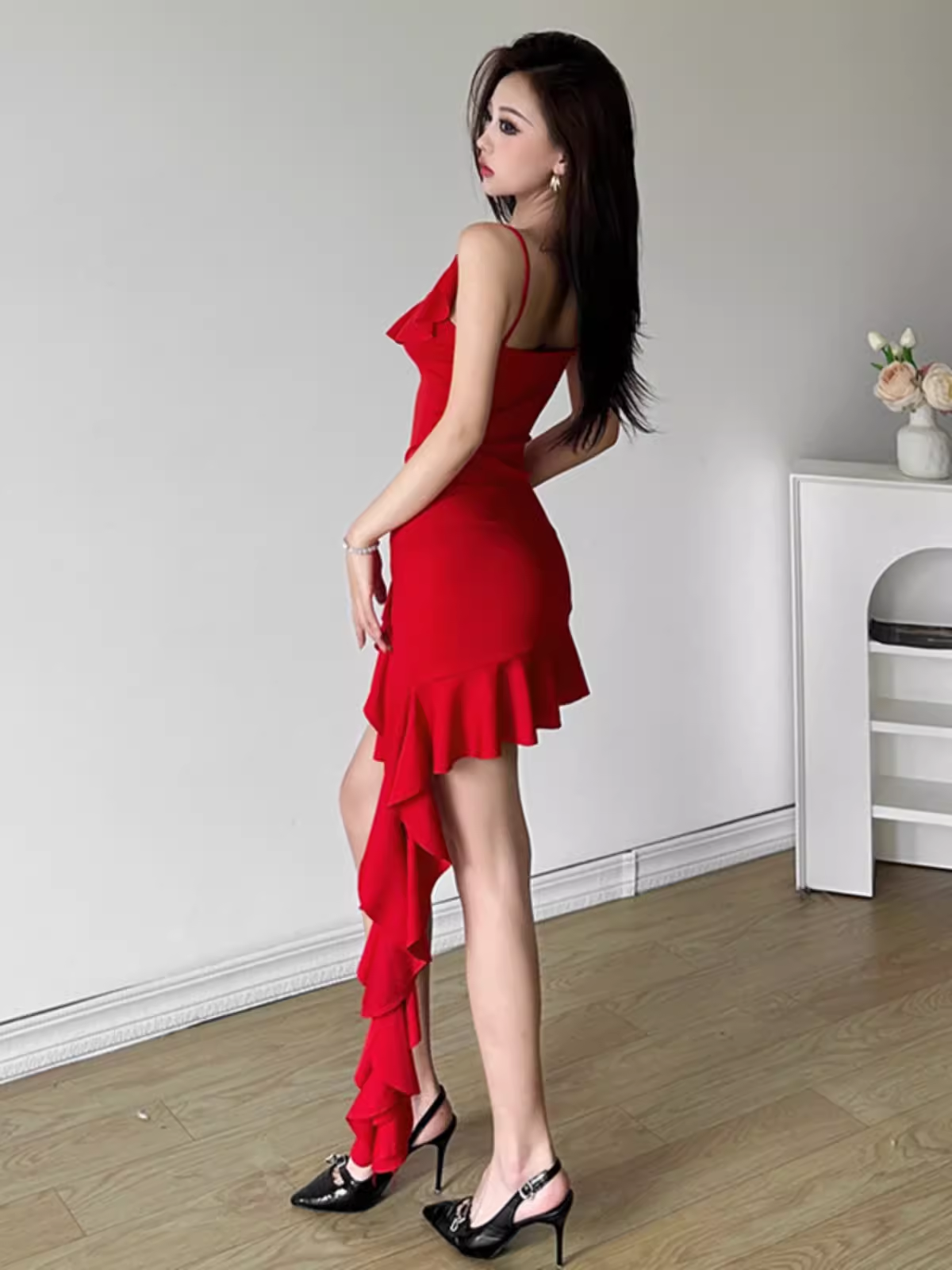 - Red irregular sexy short dress GEU1326