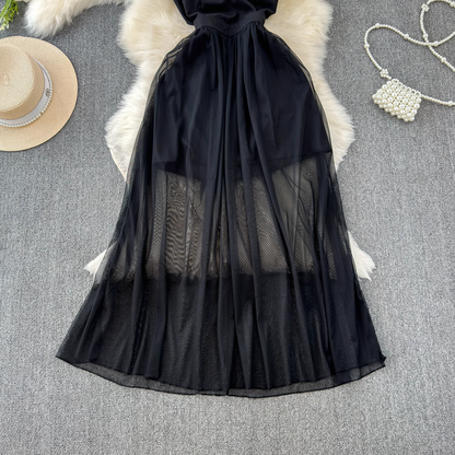 - Black A-line V Neck Tulle Dress GEU1042