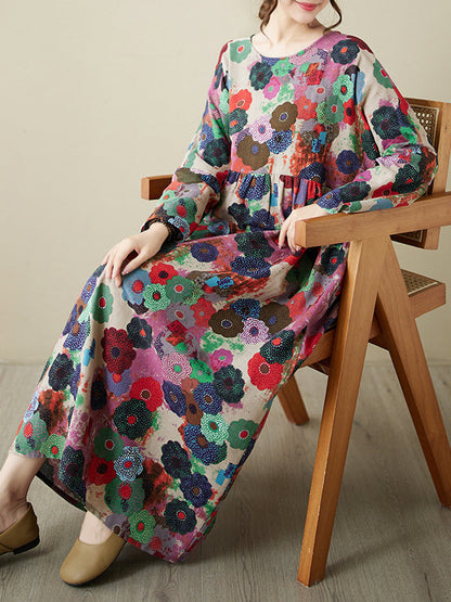 vmtvr - Long Sleeves Loose Flower Print Pockets Split-Joint Round-Neck Midi Dresses