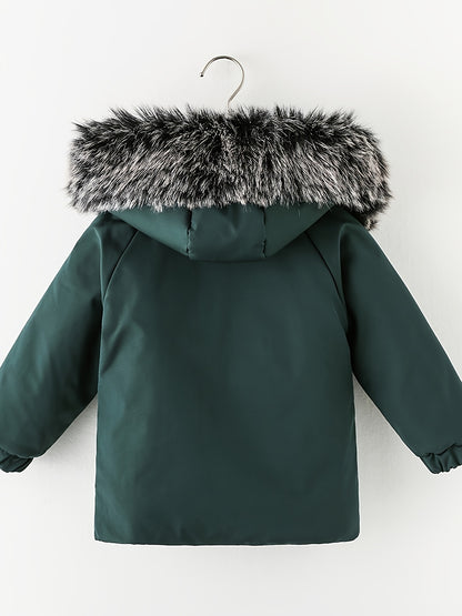 Cozy Boys' Hooded Jacket With Removable Fleece Collar - Casual & Warm Autumn And Winter Coat For Young Ones