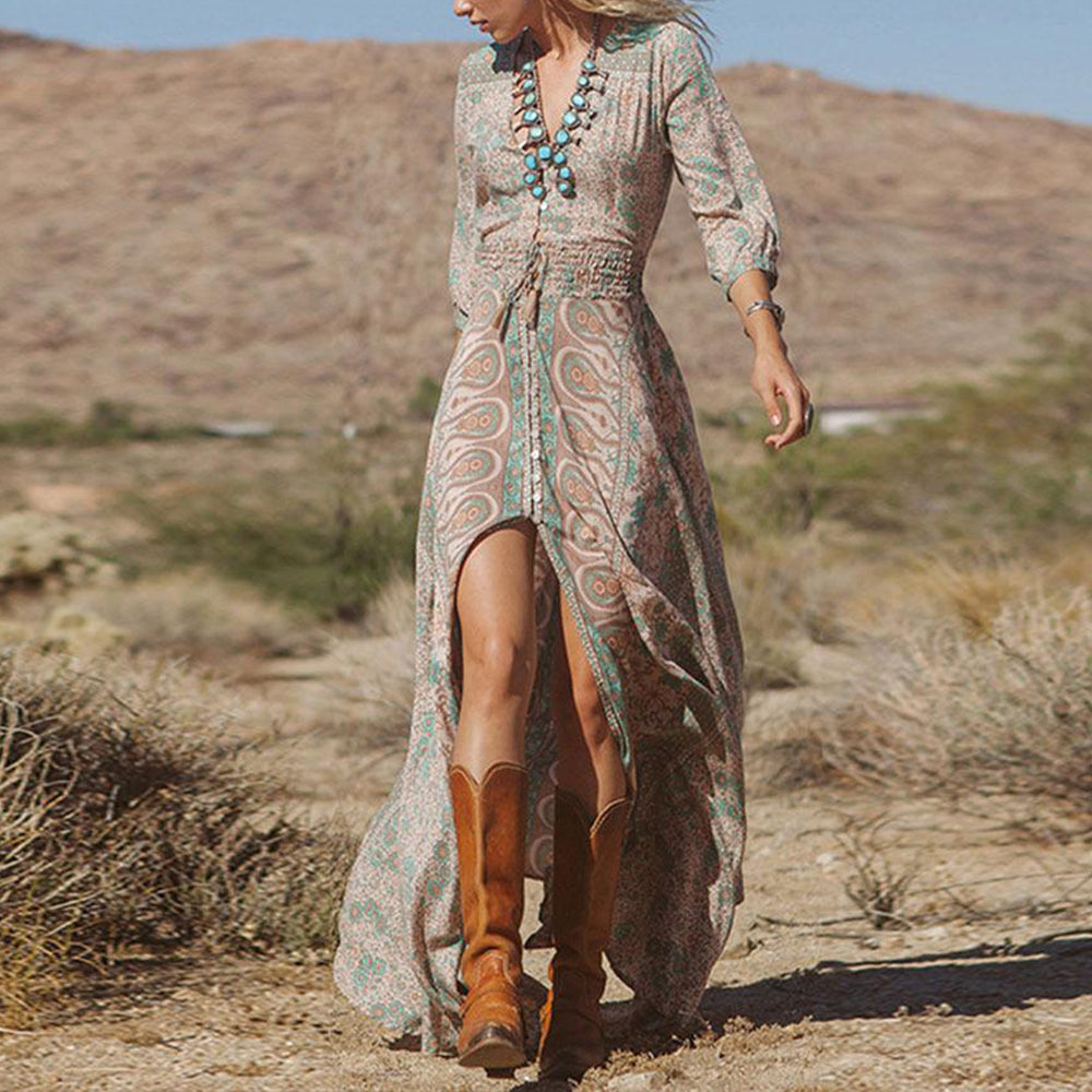 vmtvr - Western Style Boho Print Slit Maxi Dress