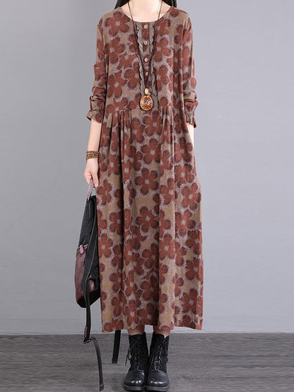 vmtvr - Casual Long Sleeves Loose Floral Printed Round-Neck Midi Dresses