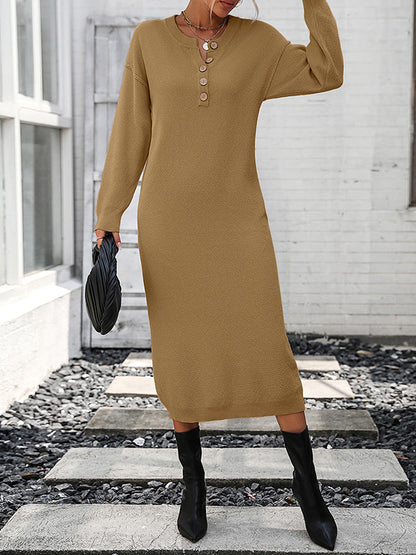 vmtvr - Long Sleeves Loose Buttoned Split-Joint Round-Neck Midi Dresses Sweater Dresses