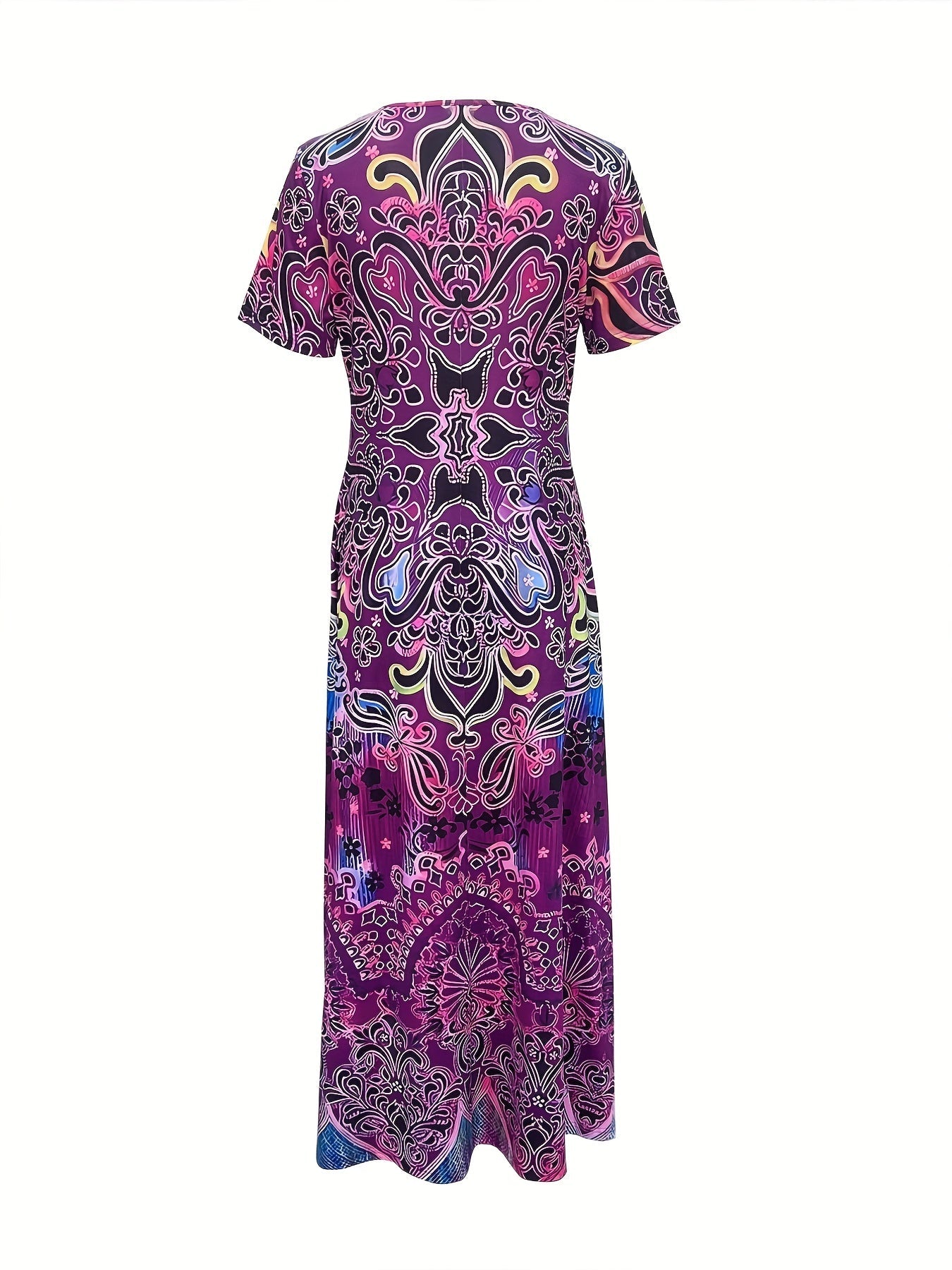 Ethnic Floral Print Dress, Boho V Neck Short Sleeve Maxi Dress, Women's Clothing