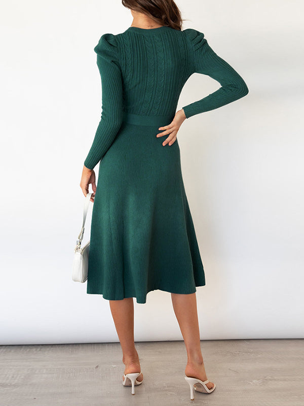 vmtvr - High Waisted Long Sleeves Solid Color Tied Waist Round-Neck Midi Dresses Sweater Dresses