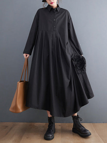 vmtvr - Urban Floral Applique Pleated Long Sleeves Shirt Dress Midi Dress