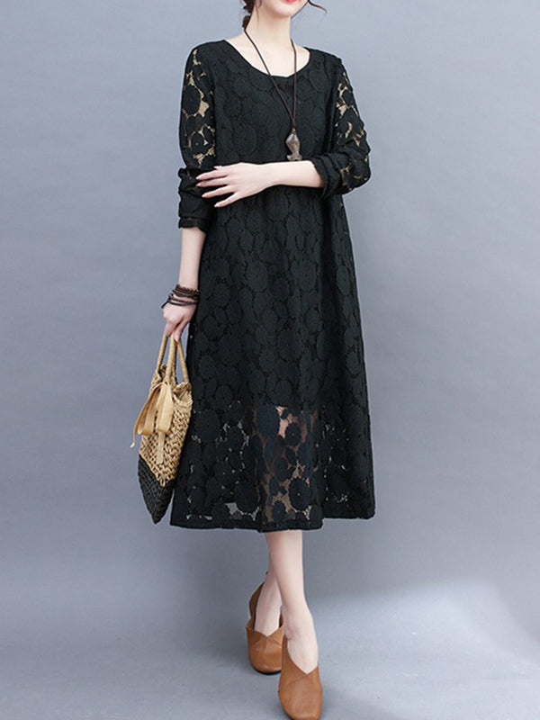 vmtvr - A-Line Long Sleeves Hollow Round-Neck Midi Dresses