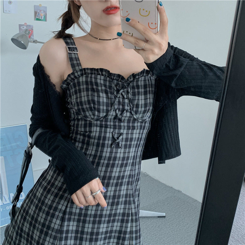 vmtvr grunge outfits Korean Style plus Size Women's Retro Versatile Sexy Slim Fit Wooden Ear Plaid Sling Dress