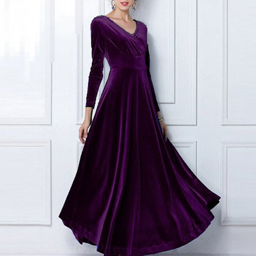 vmtvr - Elegant Solid Long Sleeved V-neck Velvet Maxi Dresses