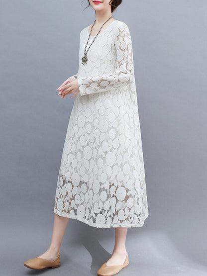 vmtvr - A-Line Long Sleeves Hollow Round-Neck Midi Dresses