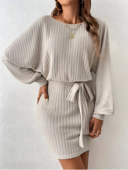 Ribbed Knit Batwing Sleeve Dress, Elegant Crew Neck Tie-waist Dress, Women's Clothing