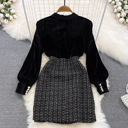 - Autumn and winter retro stand-collar velvet long-sleeved splicing tweed a-line dress GEU814