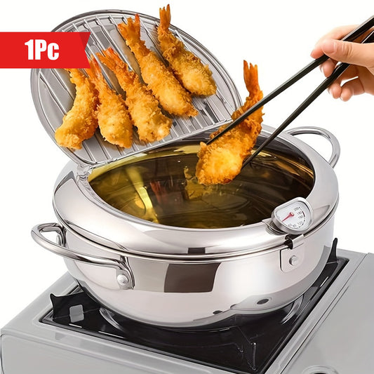 1pc Jumi Japanese Tempura Deep Fryer, Stainless Steel Frying Pan with Thermometer, Perfect for Frying Beef Patties, Sesame Fry Bag, and Fried Chicken Willow