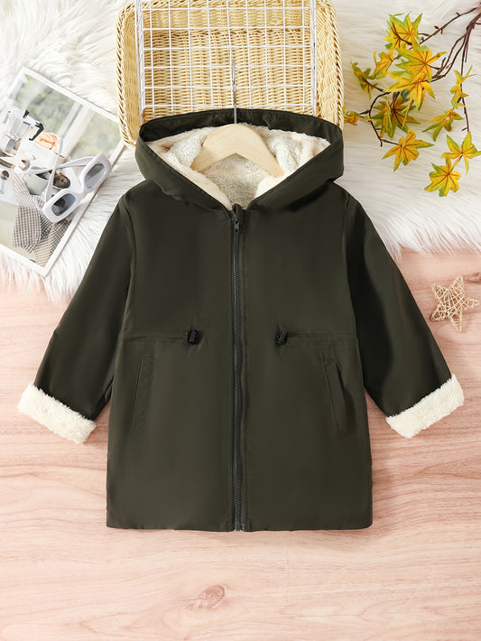 Boys Stylish Solid Color Mid-length Wind Resistant Fleece Lining Hooded Jacket, Long Sleeve Zip Up Water Resistant Jacket, Boys Clothes Outdoor