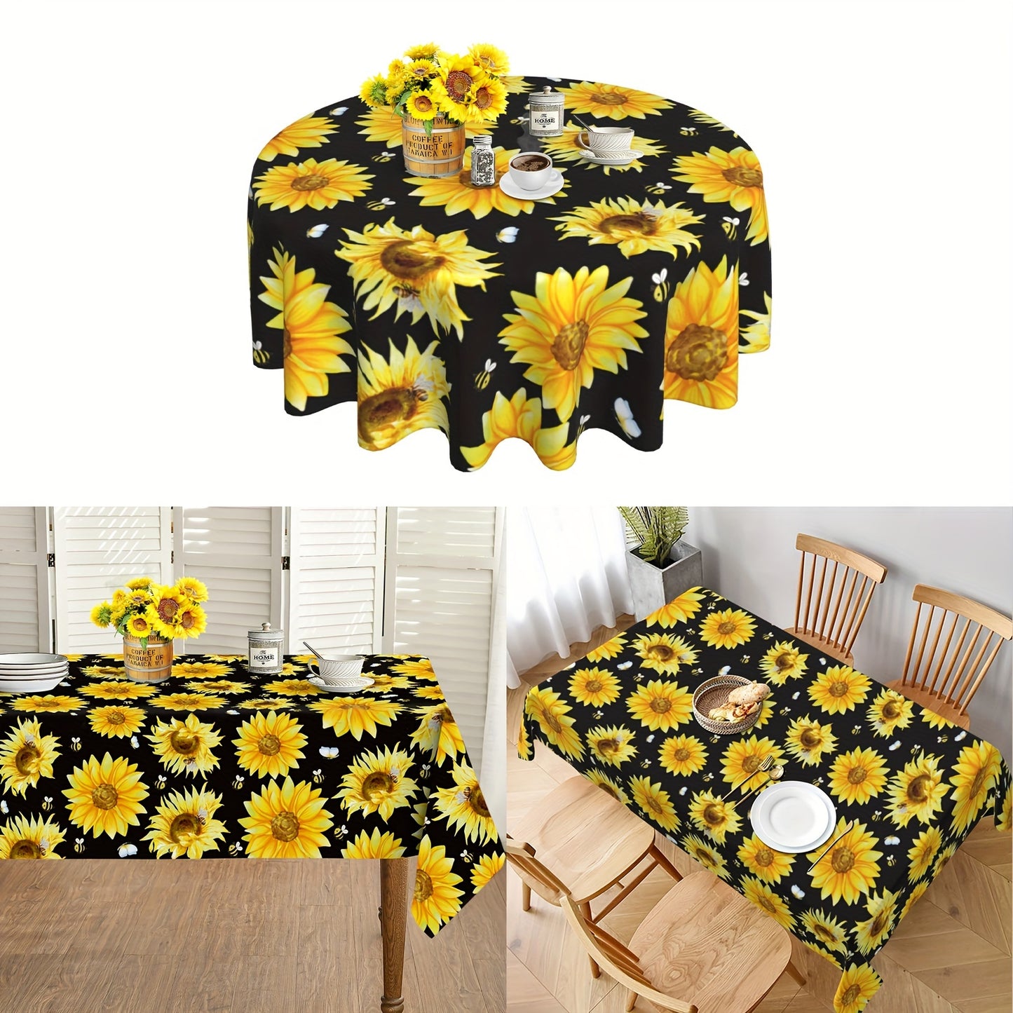 1pc Vibrant Summer Sunflower Tablecloth - Durable Polyester, Stain and Wrinkle Free, Perfect for Party, Home, Kitchen, Dining, and Picnic Decorations - Vibrant Yellow and Black, Sunflower and Bumble Bee Design, Easy-to-Clean, Long-Lasting, and Essential H