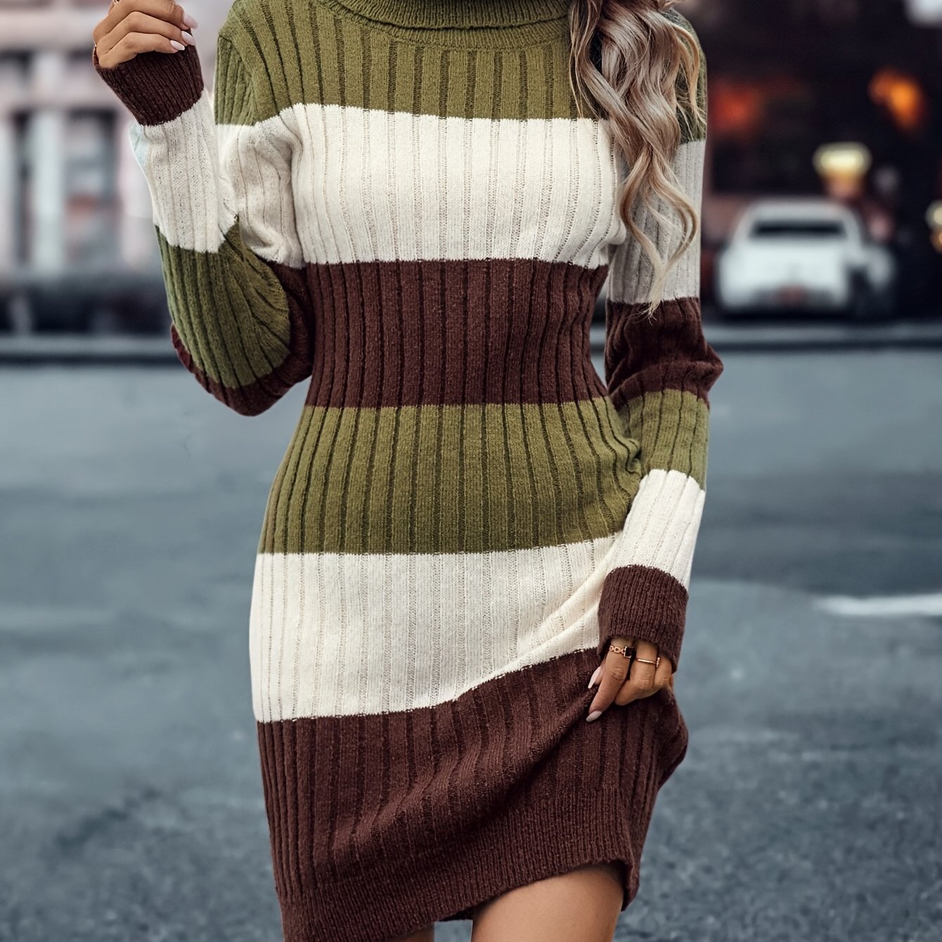 Striped Turtle Neck Knitted Dress, Elegant Long Sleeve Slim Fit Dress For Fall & Winter, Women's Clothing