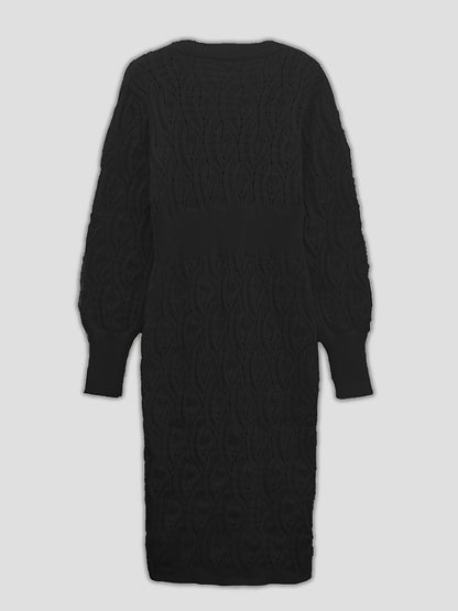 Solid Eyelet Sweater Dress, Elegant V Neck Long Sleeve Midi Dress, Women's Clothing