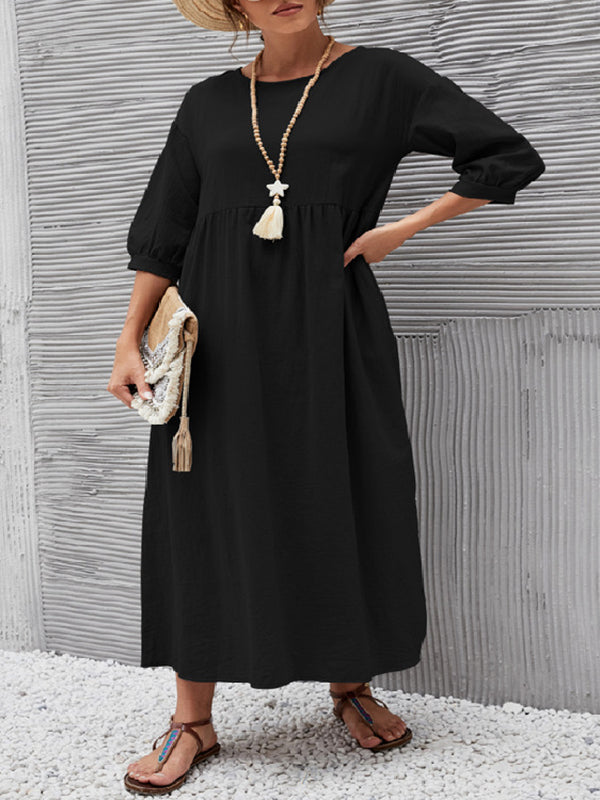 vmtvr - 11 Colors Simple Round-Neck Solid Color Midi Dress