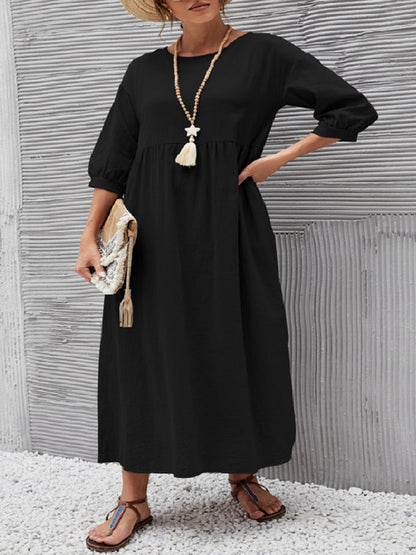 vmtvr - 11 Colors Simple Round-Neck Solid Color Midi Dress