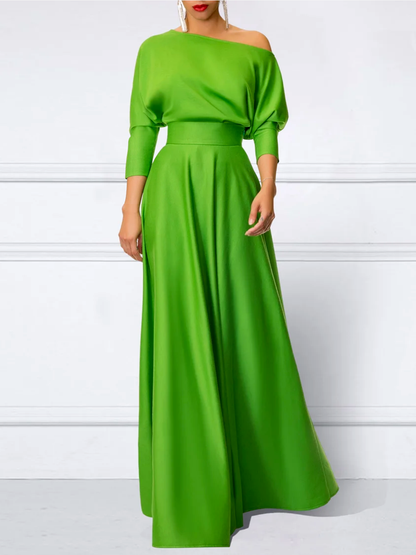 vmtvr - Loose Three-Quarter Sleeves Solid Color Off-The-Shoulder Maxi Dresses