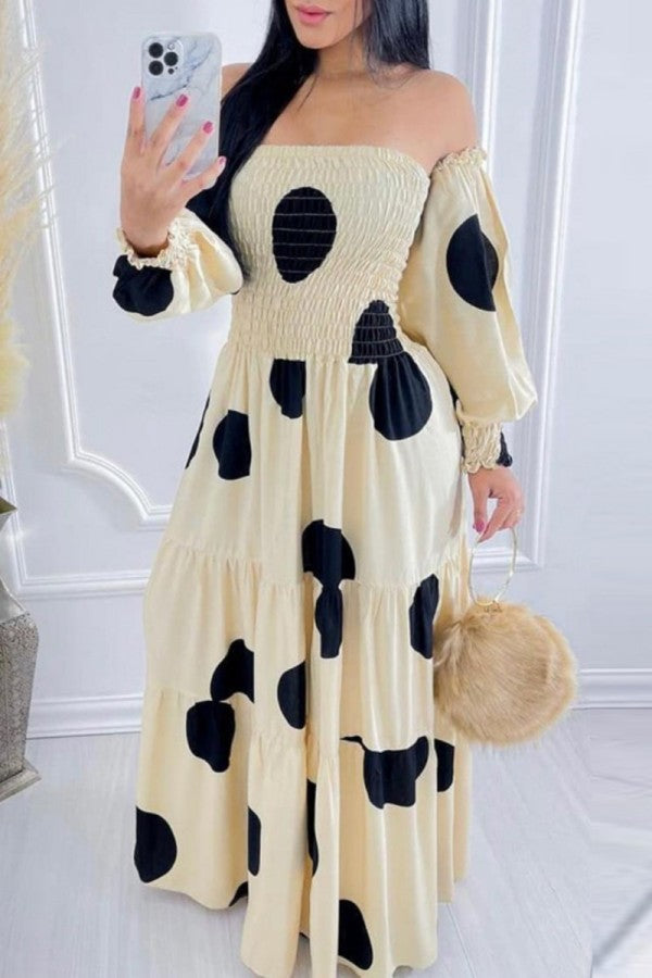 vmtvr - Cream White Casual Dot Print Patchwork Backless Off the Shoulder Long Dress Dresses