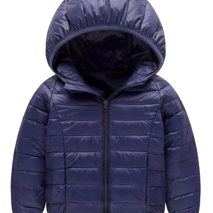 Kid's Solid Color Hooded Down Jacket, Light-weight Warm Zip Up Jacket, Boy's Clothes For Winter Outdoor, As Gift