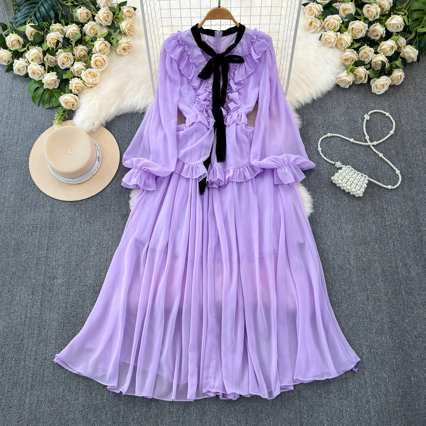 - Vintage style long sleeve bow V-neck ruffled A-line chiffon dress GEU1043