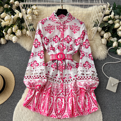 vmtvr- Stand collar printed dress women's retro court style lantern long-sleeved fairy dress GEU408