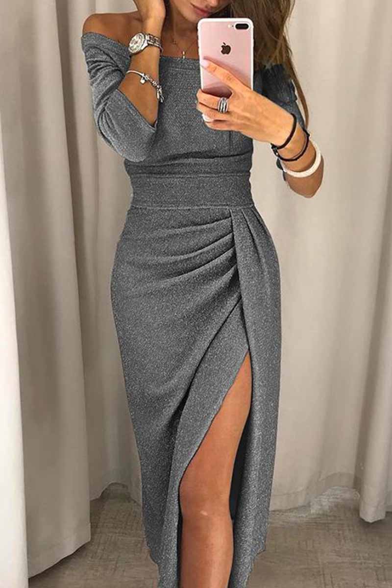 Wrap Hip Slit Collar Maxi Dresses