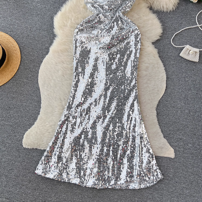 - Halterneck open back sequined mermaid dress GEU792