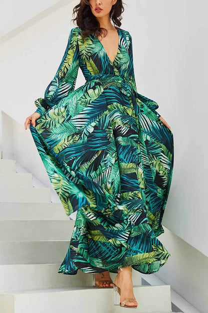 vmtvr -  V-Neck Leaf Print Maxi Dress