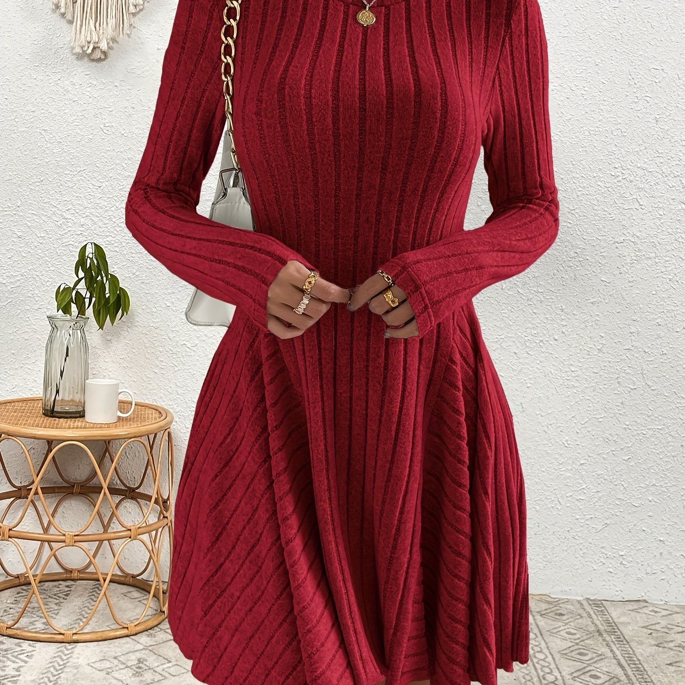 Cozy Ribbed Knit Dress - Soft and Stretchy Long Sleeve Crew Neck A-line Dress for Women, Perfect for Casual Everyday Wear, Womens Clothing