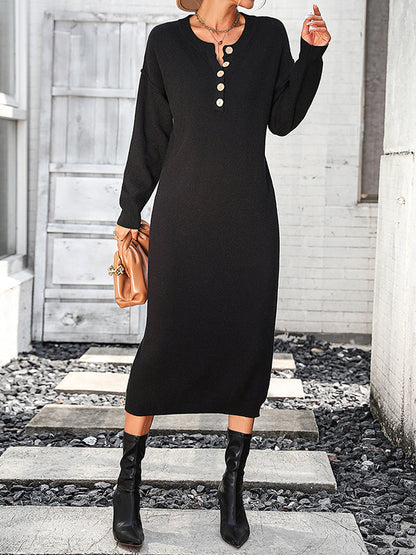 vmtvr - Long Sleeves Loose Buttoned Split-Joint Round-Neck Midi Dresses Sweater Dresses