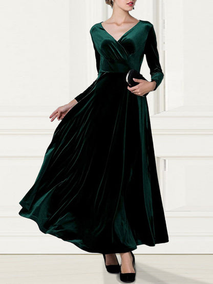 vmtvr - Elegant Solid Long Sleeved V-neck Velvet Maxi Dresses