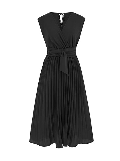 vmtvr - Sleeveless Pleated Solid Color Tied Waist V-Neck Midi Dresses