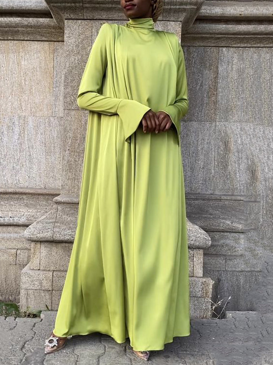 vmtvr - Flared Sleeves Long Sleeves Solid Color High-Neck Maxi Dresses