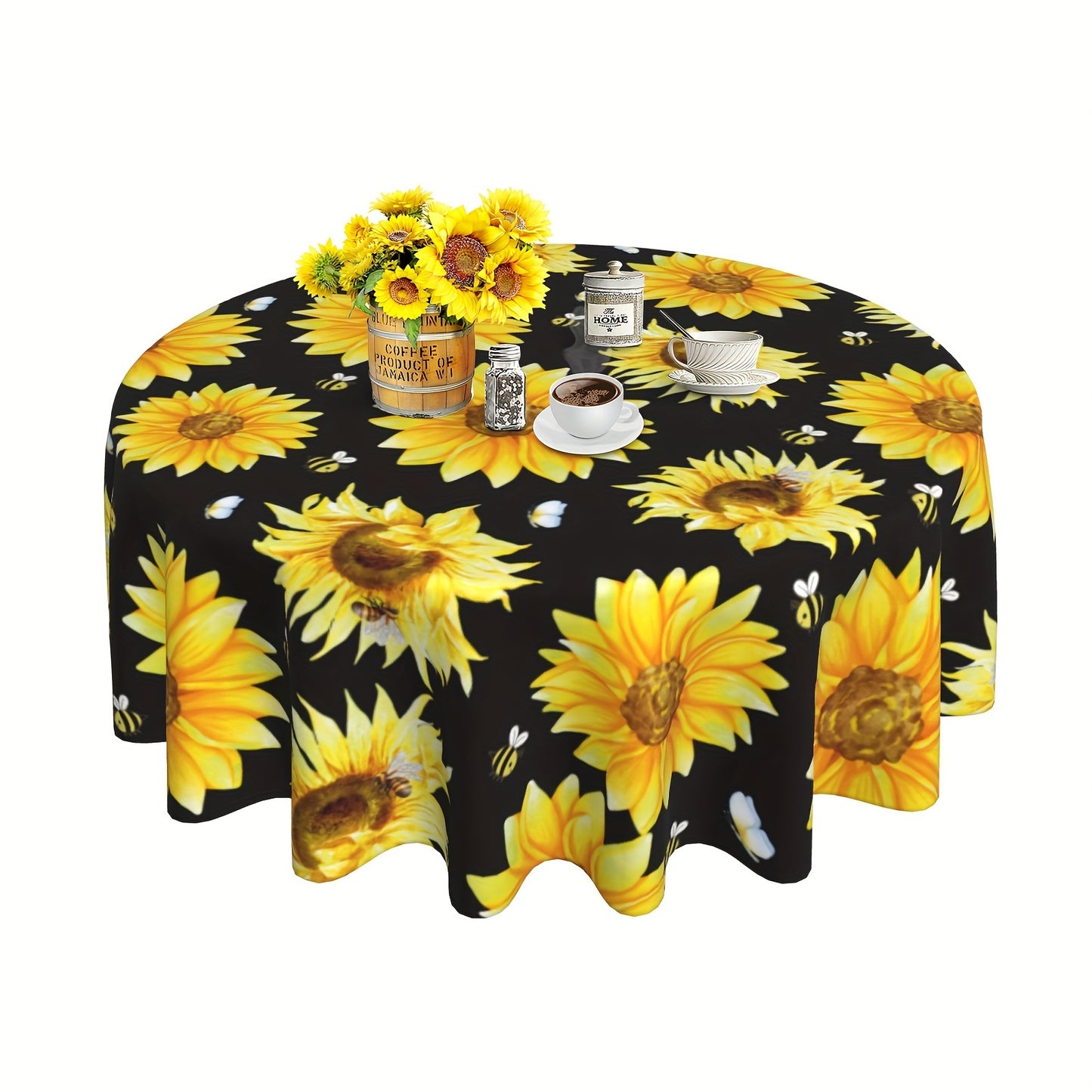 1pc Vibrant Summer Sunflower Tablecloth - Durable Polyester, Stain and Wrinkle Free, Perfect for Party, Home, Kitchen, Dining, and Picnic Decorations - Vibrant Yellow and Black, Sunflower and Bumble Bee Design, Easy-to-Clean, Long-Lasting, and Essential H