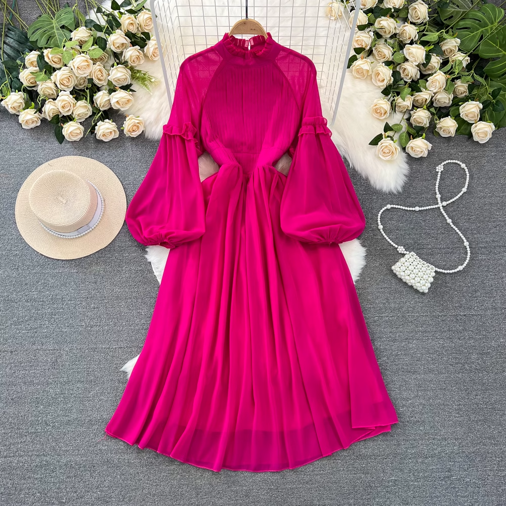 - Lantern long sleeve stand collar waist a line pleated chiffon dress GEU900