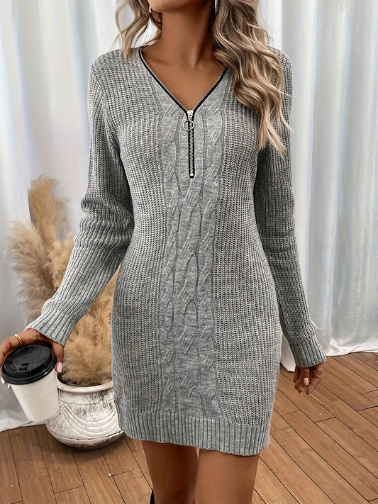 Cable Knitted Zip Up Sweater Dress, Elegant Long Sleeve Slim Fit Dress For Fall & Winter, Women's Clothing