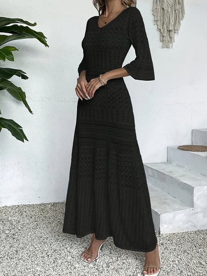 Hollow Out V Neck Knitted Dress, Elegant 3/4 Sleeve Ankle Length Dress For Spring & Summer, Women's Clothing