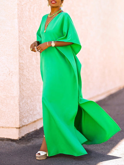 vmtvr - Batwing Sleeves Loose Solid Color Split-Side V-Neck Maxi Dresses