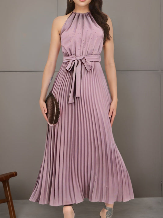 Solid Pleated Dress, Elegant Sleeveless Knotted Maxi Dress, Women's Clothing